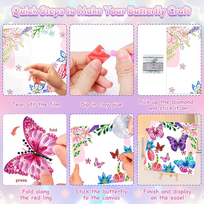 LCOZX 3D Fluttering Butterfly Diamond Art Kit for Kids Ages 8-12–Sparkling Gem Painting with Wooden Stand, Easy Arts & Crafts for Girls & Boys, Unique Birthday Gift & Bedroom Decor
