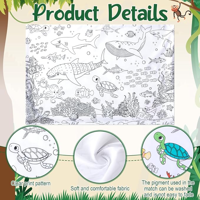 Mindsoft Coloring Craft Coloring Pillowcase Ocean Pillowcase with 12 Pcs Markers Pens for Decoration Supplies Craft, 28.7 x 19.7 Inch