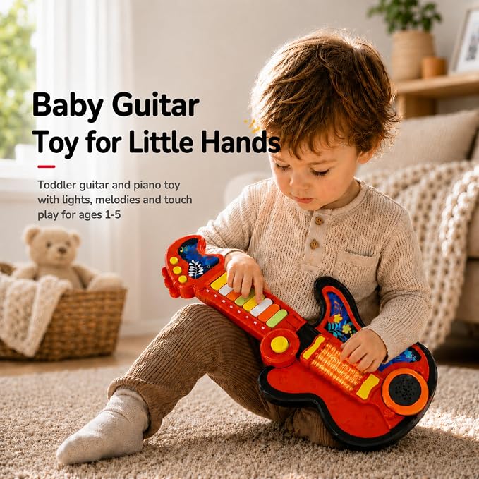 Toddler Guitar Toy for Boys & Girls 1-3, 4-in-1 Touch & Play Kids Guitar Piano Musical Toy with Projector Light, Drum, Lullabies & Volume Control, First Guitar Birthday Gift for Kids & Babies Ages 1-5