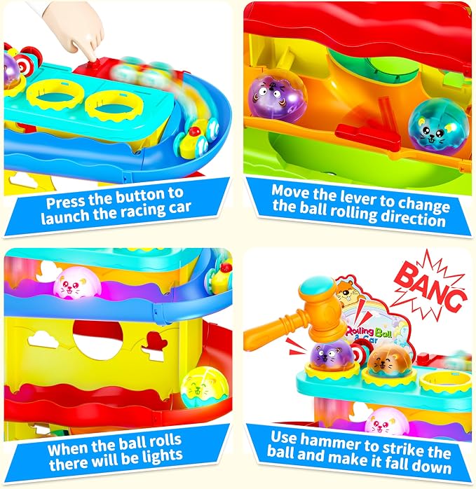 Funwee 2-in-1 Light Up Rolling Ball & Racing Car Ramp Toddler Toy, Race Track Hammer Ball Drop Toys, Interactive Montessori Learning Game for Kids 1-5+ Year Old Girl Boy Gift(Yellow)