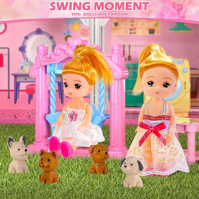 Dollhouses for Girls, Housetoys with Furniture, 4 Floor 10 Rooms DIY House Slide Accessories, Toddler Playhouse with 2 Princesses, Toys for for 3 4 5 6 7 8 9 10 Year Old Girls