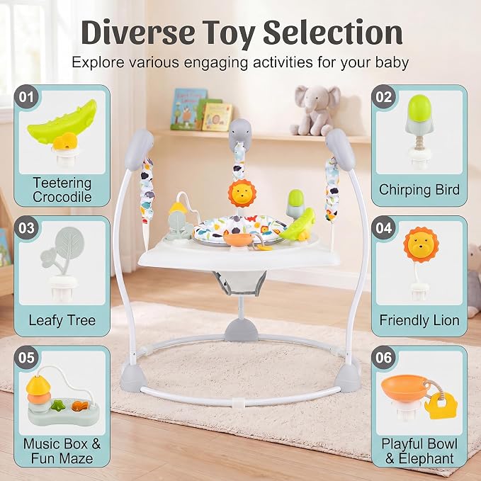 HONEY JOY Baby Bouncer Activity Center, Infant Jumper and Table w/ 360° Rotary Seat, 3 Adjustable Heights, Music, Sounds & Developmental Toys, Activity Center for Babies (White)