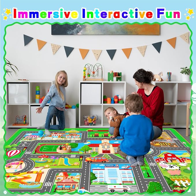 Kids Car Playmat, Kids Rug for Playroom Car Mat Town City Road Traffic Rugs, Play Mat for Floor, Extra Large Boys Kid Car Track Play Rug (Style SIX, 110.2 X 78.7 INCH)