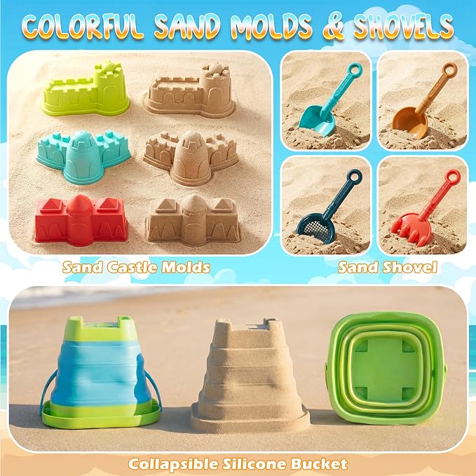 Beach Sand Toys Set with 2 PCS Adjustable Sand Sifter, Collapsible Beach Bucket,Sandbox Shovels,Sand Castle Kit,Diving Gem,Seashell Bags,Sand Sifter Shell Scooper Beach Essentials for kids 3-12
