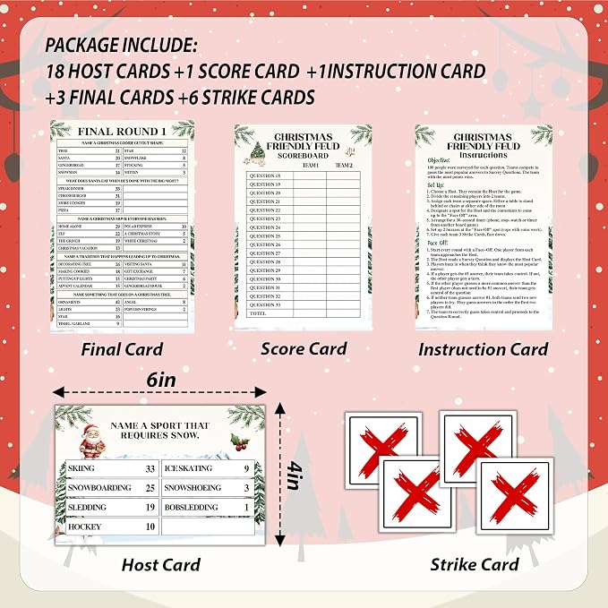 Christmas Friendly Feud Game, Holly Pine Tree Themed Party Game for Family, Winter Party Supplies and Activities Decorations, Holiday Trivia Games for Large Groups, 1 Pack(04)