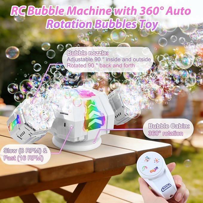 New RC Bubble Machine with RGB Lights, 360° Auto Rotation Bubbles Toy, Rechargeable Battery, Bubble Blower Maker for Kids, Parties, Birthday Gift, Weddings, Indoor Outdoor Activity, Silver-Purple