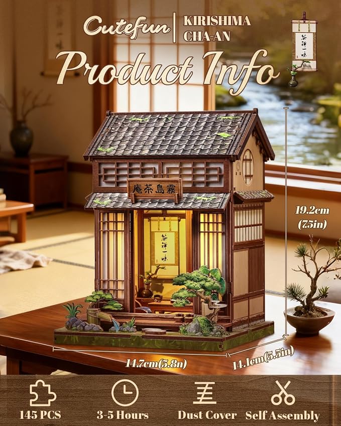 Cutefun Book Nook Kit - DIY Miniature Dollhouse Kit for Adults, Teens and Beginners, Japanese Tea Room Booknook Tiny House Bookshelf Decor 3D Wooden Puzzles, Gifts for Friends and Family (Tea House)