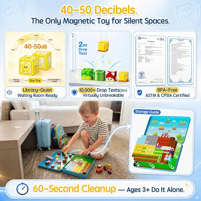 Magnetic Blocks for Kids Travel: 100PCS Portable Tin & Tiles - Adventure Figures 40-50dB Quiet 60-Min Play - Compact Car Plane Activities Ages 3-8