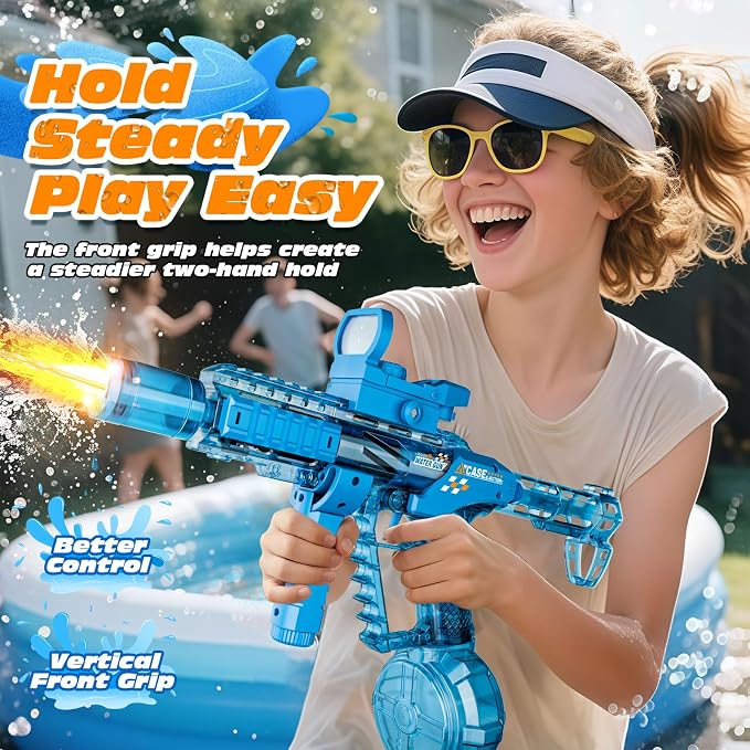 Electric Water Gun for Adults & Kids, Automatic Squirt Gun with 26 FT Range, Flashing Muzzle, USB Rechargeable Battery, 320cc Drum Reservoir, Outdoor Beach Pool Party Toys for Boys Girls,Blue