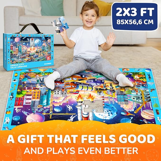 QUOKKA Giant Floor Puzzles for Kids Ages 4-6 – 2x3 Ft Search and Find Jumbo Jigsaw Puzzles for Kids Ages 3-5 – 48 Above and Beyond Future City Scene for 4-8 yo – Toy with Gift Box for Toddlers