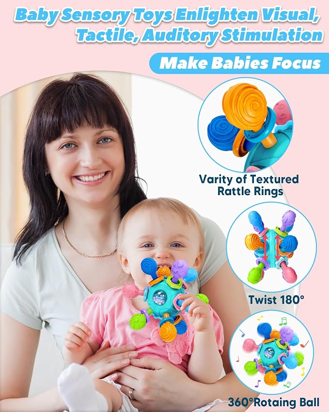 Baby Teething Toys for Babies Infants, Tummy Time Montessori Toys for Babies, Newborn Infant Rattles Chew Sensory Toys, Baby Shower Gifts for Boys