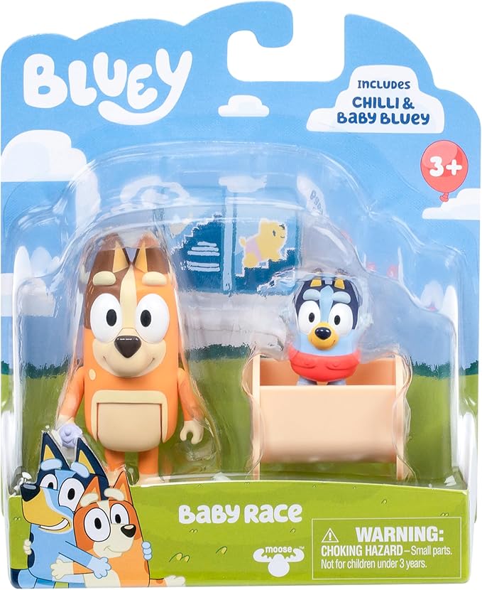Bluey Baby Race Toy Figurines Pack of 2, Articulated Character Toys with Chilli, and Baby in Cradle Accessory, Small Action Figures Ages 3+