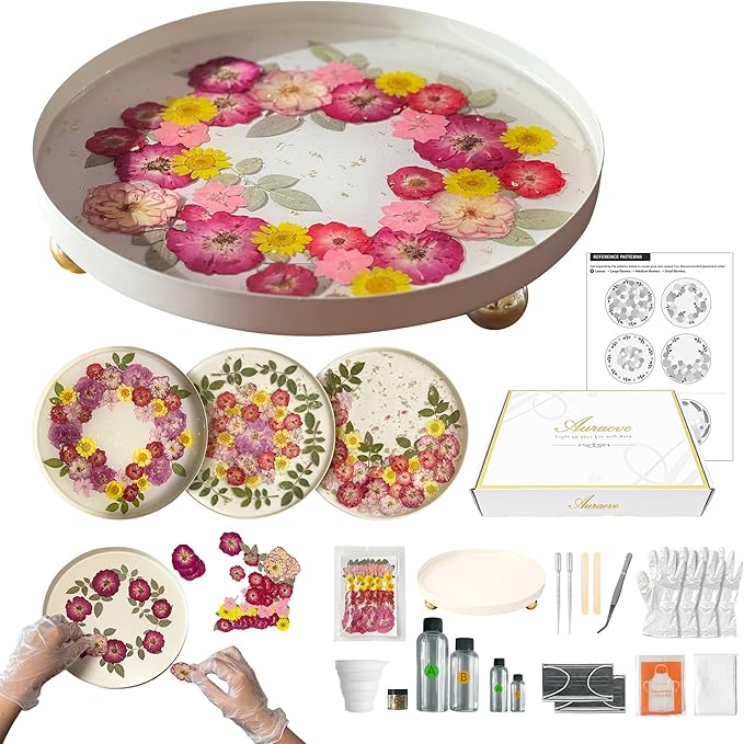 Auraeve All-in-One Resin Tray Craft Kit for Adults, Beige-Basic, 9.8" | 55Pcs Real Flowers, 10OZ Epoxy Resin, Metal Tray, Gift for Craft Lovers, Trinket Organizer, Décor