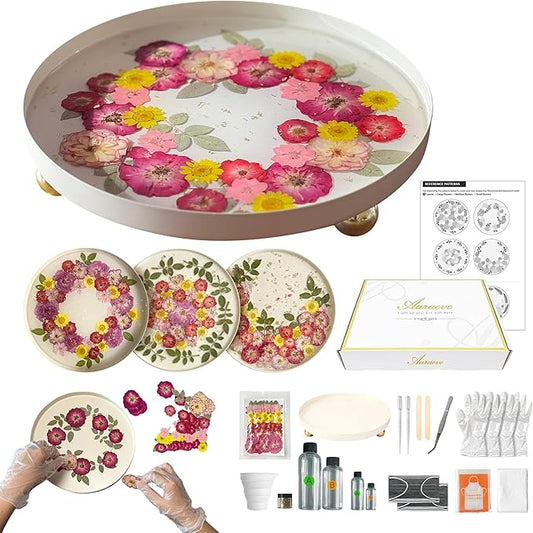 Auraeve All-in-One Resin Tray Craft Kit for Adults, Beige-Basic, 9.8" | 55Pcs Real Flowers, 10OZ Epoxy Resin, Metal Tray, Gift for Craft Lovers, Trinket Organizer, Décor