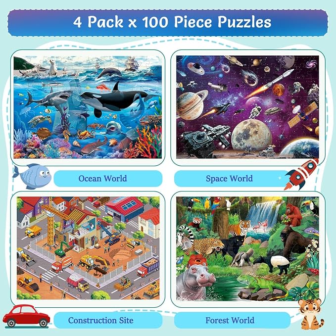 100 Piece Puzzles for Kids Ages 4-6 - Jigsaw Puzzles for Kids Ages 6-8 8-10 100 Piece Jigsaw Puzzle for Adults Toddler Children Learning Educational Puzzles Toys Gifts for Girls Boys 4-Pack
