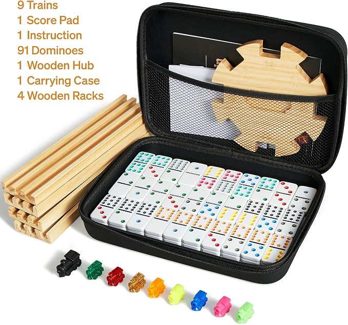 ELONGDI Mexican Train Double 12 Dominoes Set with 4 Wooden Trays/Racks in Portable Carrying Case Colorful 91 Tiles & 9 Trains Board Game for Family Game Night