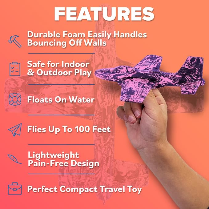 Foam Airplane for Kids - Best Girls Toys Ages 4 & Up - Engaging Toy for 3 4 5 6 7 Year Old Girl Birthday Gifts - for Girls All Ages - Fun Sports Toy & Party Favors & Outdoor Toys for Kids Ages 4-8+