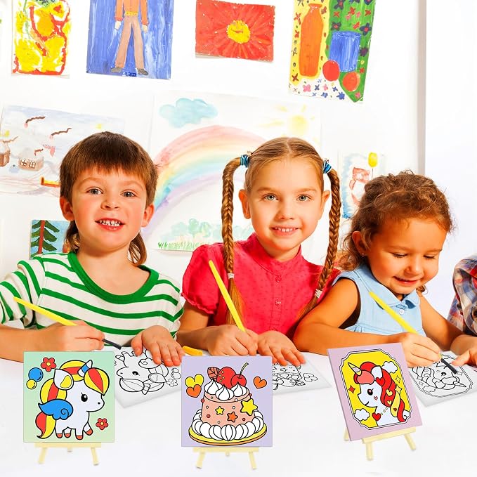 Tenceur 48 Pcs Kids Paint Party Favors Sets with 12 Pcs Unicorn Girl Cake Pre Drawn Canvas Panel and Wooden Easel Set Paint Pots and Brushes 12 Mini Apron and Tote Bag for Kids Girls Student Boys