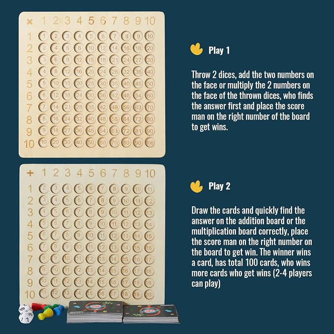 Asweets 2 in 1 Wooden Montessori Multiplication Addition Board Game Montessori Toy Educational Math Table Board Game Double-Sided Boards for Toddlers and Preschool Gifts for Kids