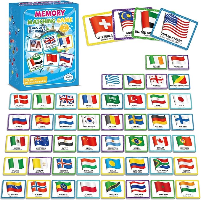 gisgfim 100 PCS Memory Matching Game Flags of The World Concentration Memory Card for Kids and Adults Learning Educational A Fun & Fast Countries of The World Matching Games