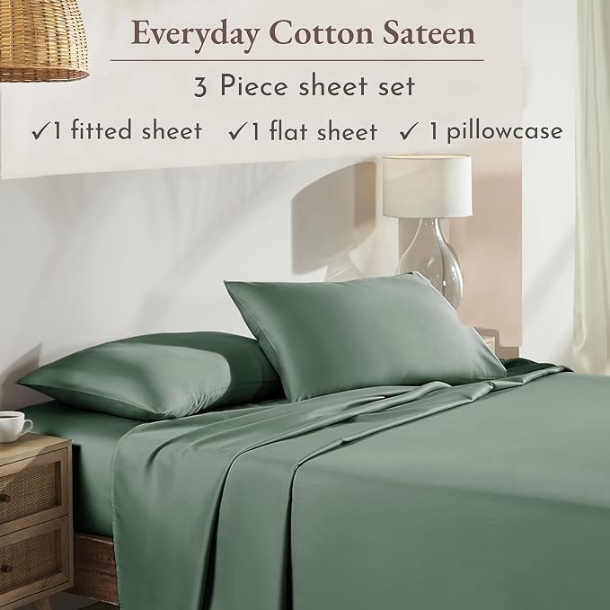 California Design Den XL Twin Sheets Set - Natural 100% Cotton Sheets with 12" Pockets, Soft Sateen Weave, Breathable and Durable Bedding Set for Dorm Rooms, College Pine Green