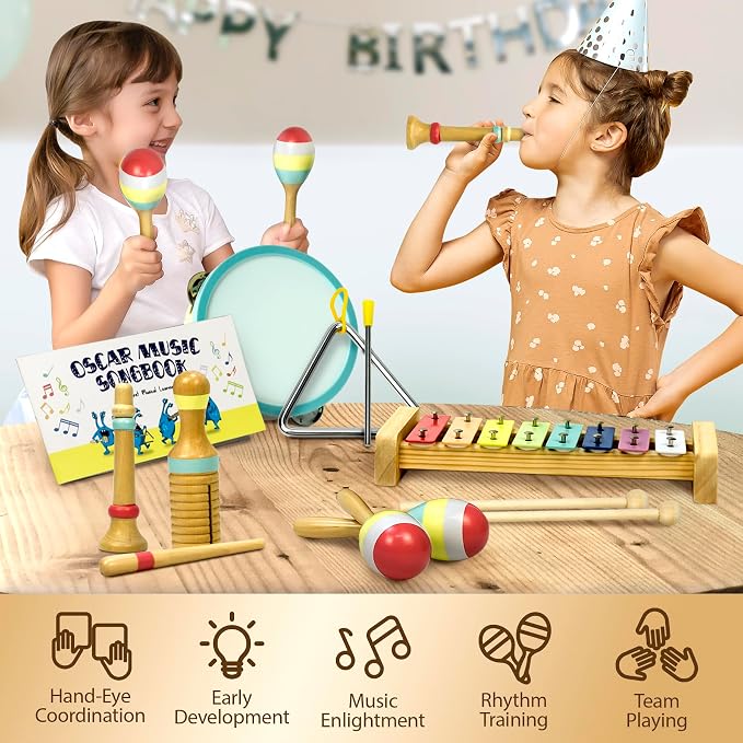 MINIARTIS Musical Instruments Set - Montessori Wooden Toys for Toddlers 1-3 | Modern Boho Baby Xylophone with Songbook | Neutral Colors Percussion Instruments | Kids Preschool Educational