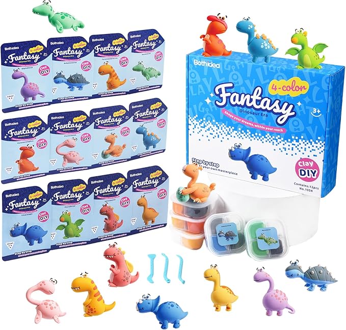 Both idea Air Dry Clay Kit, Dino Theme | 12 Packs, Non-Toxic Kids Gift | School & Party: Perfect for classroom art activities, birthday party favors, creative family DIY, and holiday celebrations.