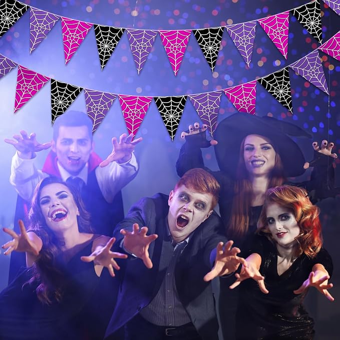 Tiamon 5 Pcs Wednesday Birthday Party Decorations Halloween Spider Web Birthday Triangle 49.2 ft Flag Black Purple Pink Pennant Banner Spider Garland Streamer for Baby Shower Party Supply