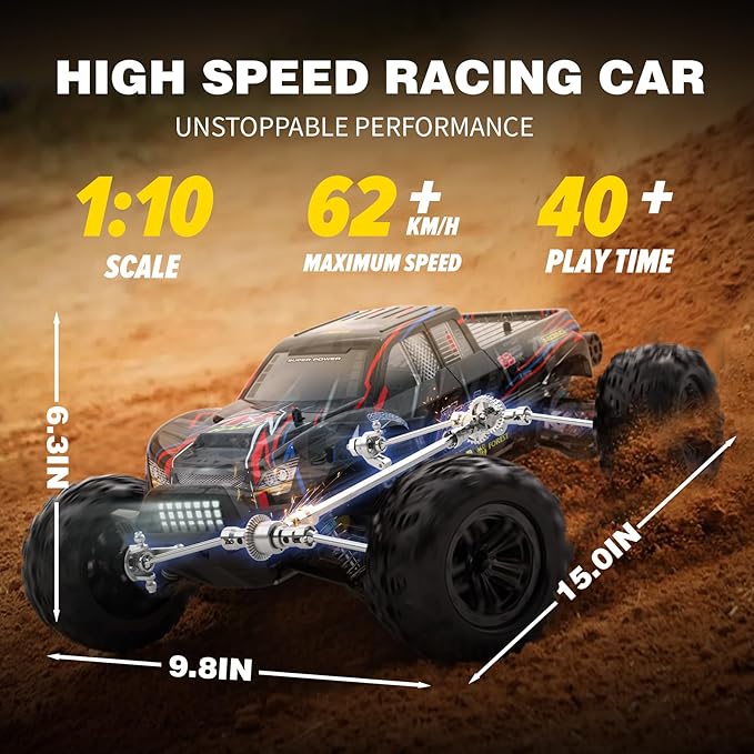 Hosim 1:10 Brushless RC Cars for Adults & Boys, 60+ KMH Big Remote Control Car, 4WD Off Road Monster Truck, 40+ Min Play Waterproof All-Terrain RC Truck, Hobby Grade Electric Toy Vehicle Gift
