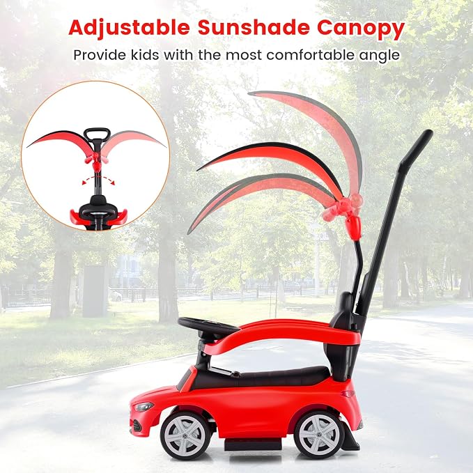 OLAKIDS Push Car for Toddlers, 3 in 1 Licensed Mercedes Benz Baby Sliding Walking with Parent Control Handle Adjustable Canopy Guardrail Under Seat Storage, Kids Ride on Toys with Horn (Red)