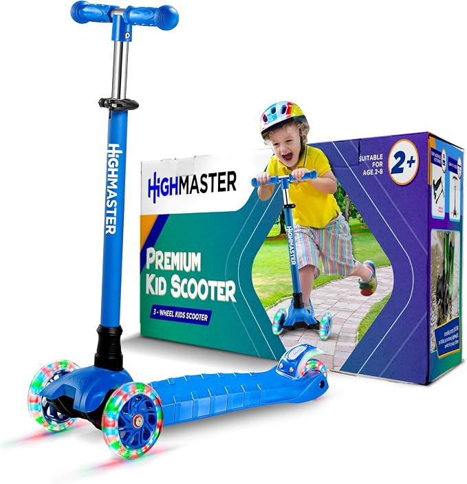 HighMaster Kids Scooter – 3 Wheel Kick Scooter for Children and Toddlers – Adjustable Handlebar with LED Wheel Lights – Indoor and Outdoor Fun