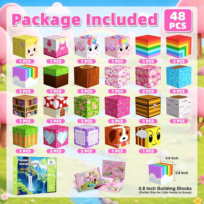 Magnetic Blocks, 48PCS Magnetic Building Cube Set for Kids Ages 3+, Constructions STEM Stacking Tiles Toy Building Birthday Gifts for Girls