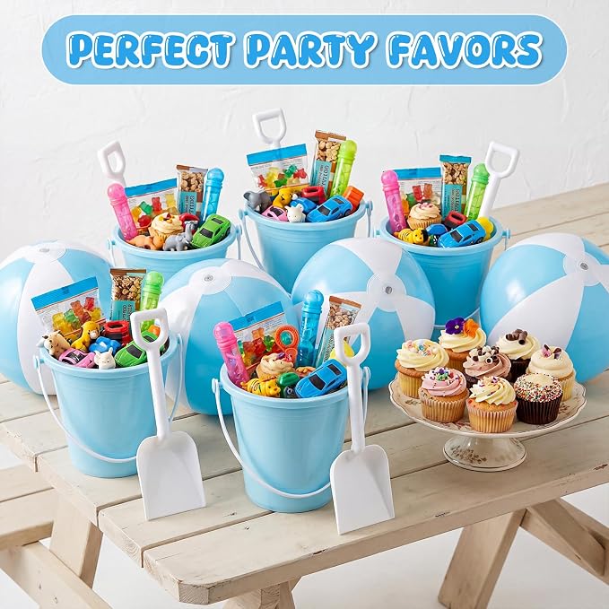 Lunmon 72 Pcs Beach Toys for Kids 24 Set Sand Buckets Shovels Bulk Pastel Beach Balls Inflatable Sand Toys for Girls Boys Toddlers Games Birthday Summer Pool Party Favor (Blue White, Castle)
