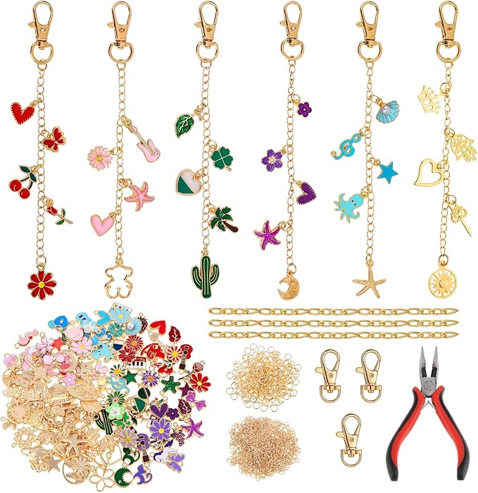 Pengxiaomei 401 Pcs Charms Jewelry Keychain Making Kits, Key Chains Women Cute Mothers Day Gifts Bag Charm Kit Including 150 Charms Keychains Making Supplies for DIY Crafting and Jewelry Gifts