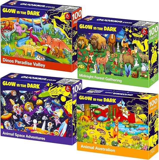 QUOKKA 100 Piece Puzzles for Kids Ages 6-8 – 4 Jigsaw Puzzles for Kids Ages 8-10 – Glow in the Dark Space Dinosaur Animals – Fun Game for 10-12 Boys and Girls – Learning Games Gift for Childrens