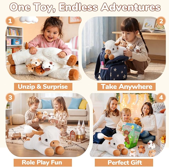 gnomantic Highland Cow Stuffed Animals with Babies, Mommy Toy for Kids | 5-Piece set: 1 mommy highland cow + 4 surprise babies inside. Unzip belly to reveal babies. Ultra-soft, safe for ages 3-8.