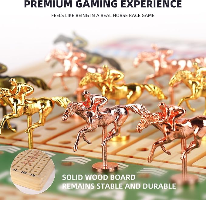 21" Large Horse Race Board Game - Solid Wood Horse Racing Game with 11 Metal Horses, 60 Poker Chips, Dice & Cards, Foldable Tabletop Party Game for Adults, Family Game Night & Friends
