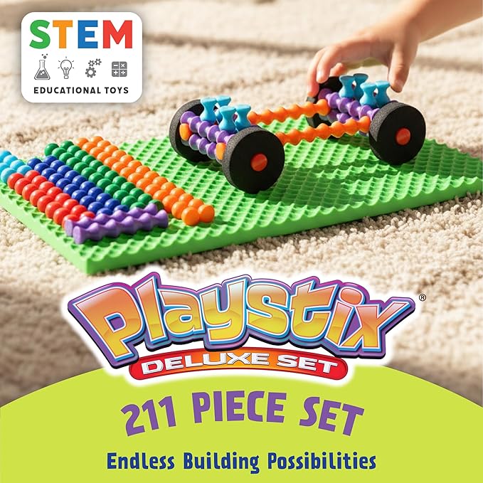 Popular Playthings Playstix, Building Sticks Kit For Kids, Construction Stem Building Toy Gift for Boys & Girls - 211 Piece