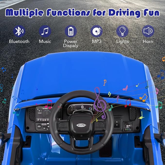 Licensed Ford Ranger Ride on Pickup Truck by INFANS, 12V Battery Powered Electric Vehicle for Kids with Remote Control, Headlight, Power Display, Bluetooth, MP3, Music, Aged 3-6 Years (Blue)