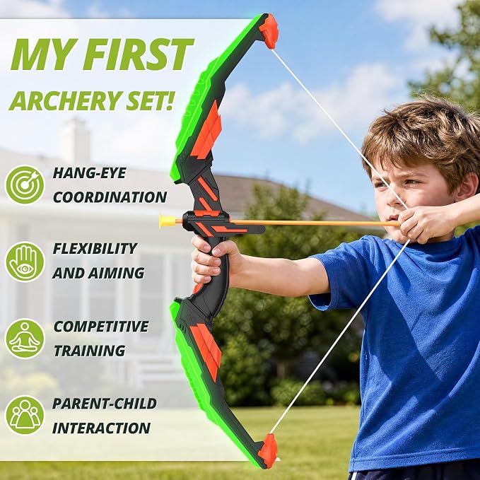 HYES Bow and Arrow for Kids, LED Light Up Archery Set with 12 Suction Cup Arrows, 1 Standing Target, 3 Score Targets & 1 Quiver, Indoor Outdoor Sport Gifts for Boys Girls Ages 4-12, Green