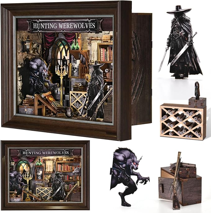 Book Nook Kit-3D Wooden Puzzle with LED Touch Control & Wall-Mountable Frame,DIY Miniature House for Beginners,Bookshelf/Tabletop/Wall Decor for Craft Lovers,Dollhouse Gift,Hunting Werewolves