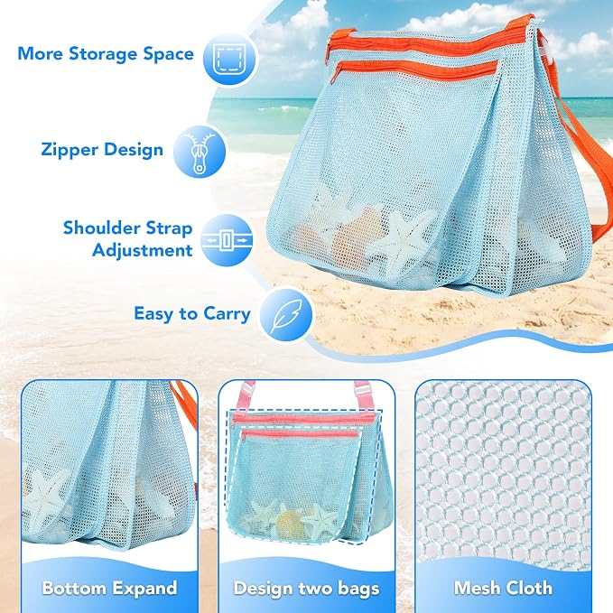 5 Pcs Sand Toys Beach Set Include 1 Metal Shovel,1 Metal Rake,1 Foldable Beach Bucket & 1 Sand Sifter with 1 Mesh Beach Bag for Shells Collecting