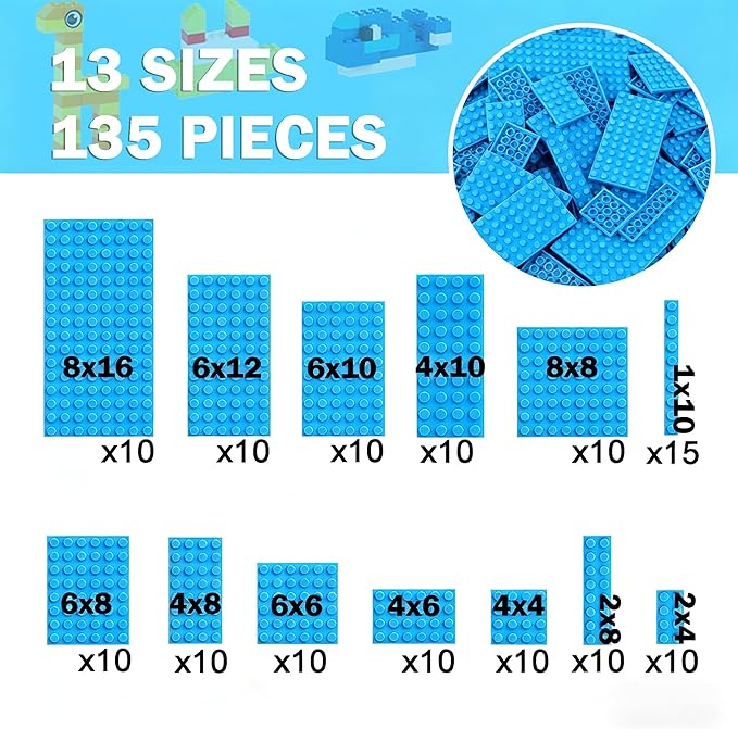MALEKO Blue Classic Base Plates Multipack, 135 Pieces 13 Sizes Small Baseplates for Building Bricks, Flat Boards Compatible with Major Brands Blocks