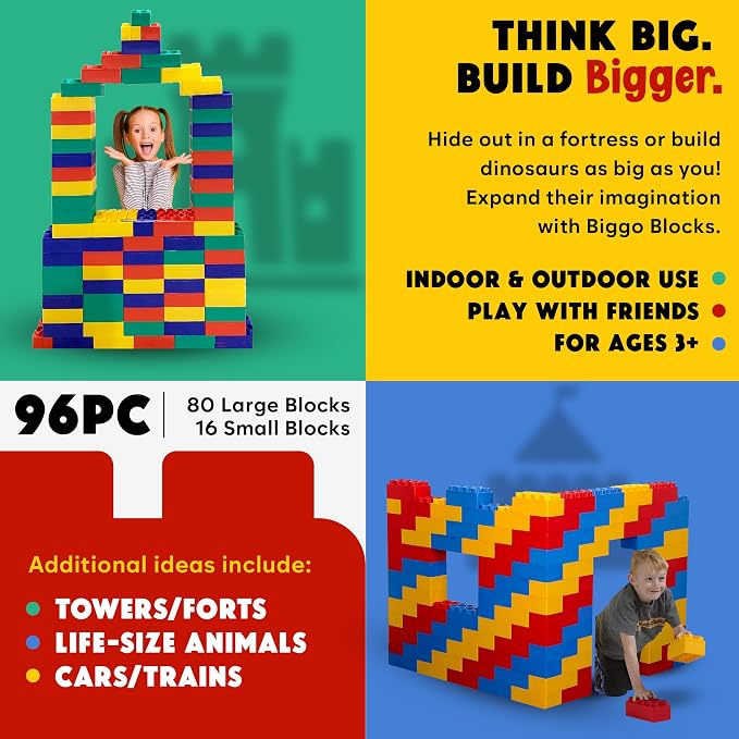 BiggoBlocks Big Blocks for Kids Ages 4-8, Indoor & Outdoor Blocks for Kids Jumbo Games, Large Building Blocks (96 PC) Standard Set