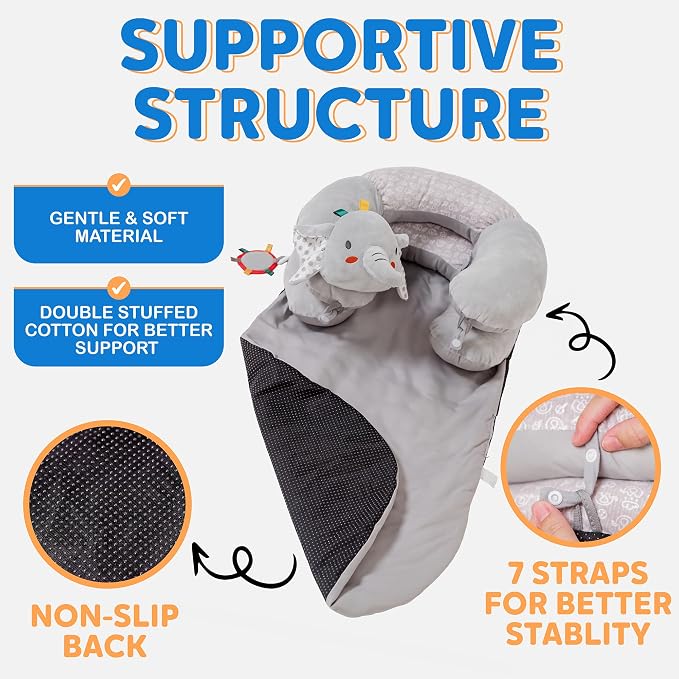 2-in-1 Tummy Time Mat & Baby Lounger Pillow - Seat Support for Baby Play Mat for Babies 0-6 Months, Infant Lounger Activity Center with Newborn Toys, Floor Pillows Sit Me Up (Elephant)
