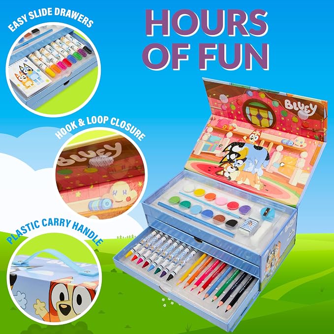 Bluey Colored Pencils Art Supplies for Boys Girls Drawing Kit Painting School Supplies Art Kit Travel Case Gifts for Kids (Blue 3 Tier)