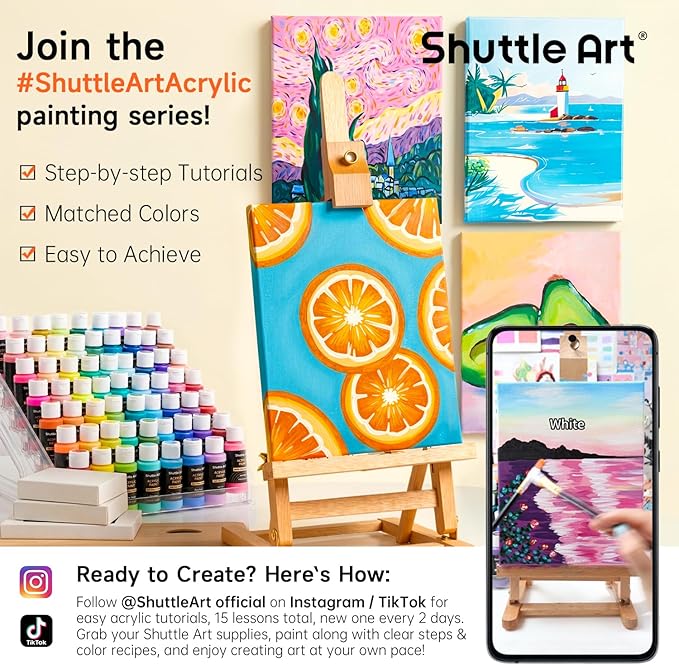 54 Colors Acrylic Paint, Shuttle Art Acrylic Paint set with 12 Paint Brushes, 2oz/60ml Bottles, Rich Pigmented, Water Proof, Premium Paints for Artists, Beginners and Kids on Canvas Rocks Wood Ceramic