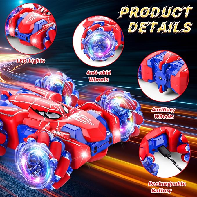 Punieayi Spider Remote Control Car, 2.4Ghz RC Cars with Headlight Double Sided Off-Road 360° Rotating Rechargeable 4WD RC Stunt Car Indoor Outdoor Spider Toys for Boys 4-6 5-7 8-13