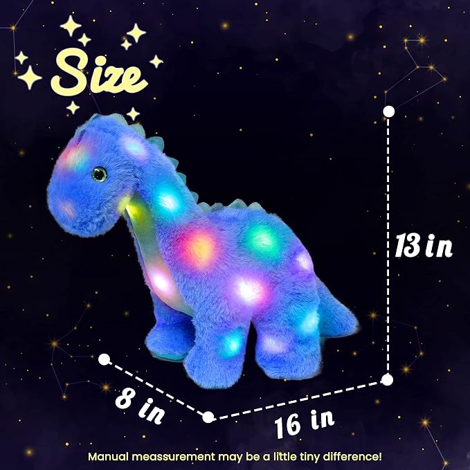 Hopearl LED Plush Dinosaur Light up Stuffed Diplodocus Animal with Long Neck Night Lights Glow in The Dark Birthday Gifts for Kids Toddler Girls, Blue, 16''