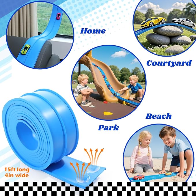 Flexible Race Track Toys for Kids: 15 Ft Flex Race Car Ramp Track with Suction Cups - Rolls Up Portable DIY Racetrack Compatible with Diecast 1/64th Cars Model - Birthday Gifts for Boys Girls Ages 3+